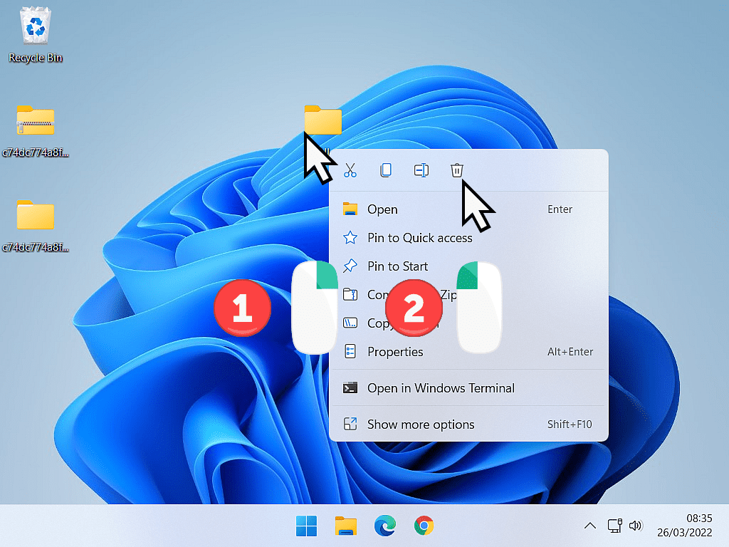 Options menu open and the Trash can is highlighted in Windows 11
