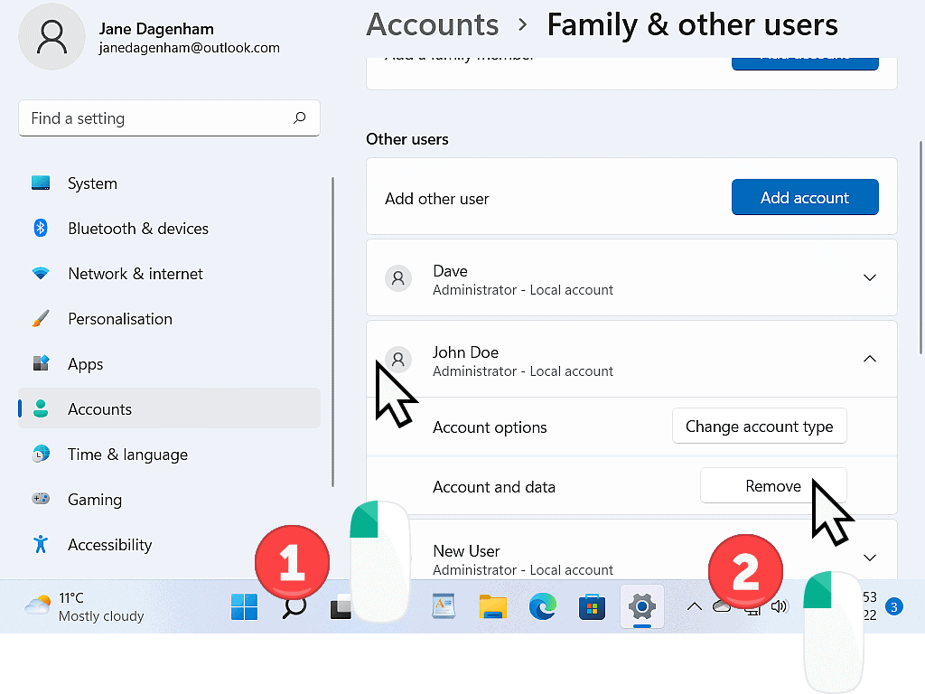 In Windows 11 an account has been selected and the Remove button is indicated.
