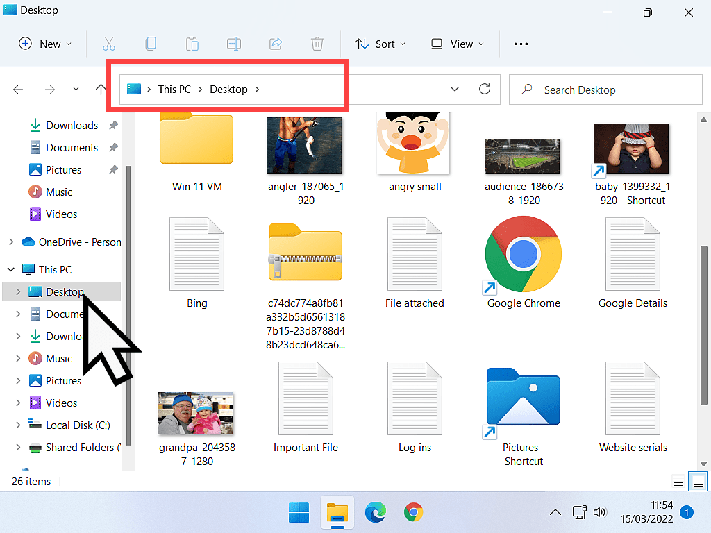 desktop indicated in Navigation Pane of Windows File Explorer. Address Bar highlighted.