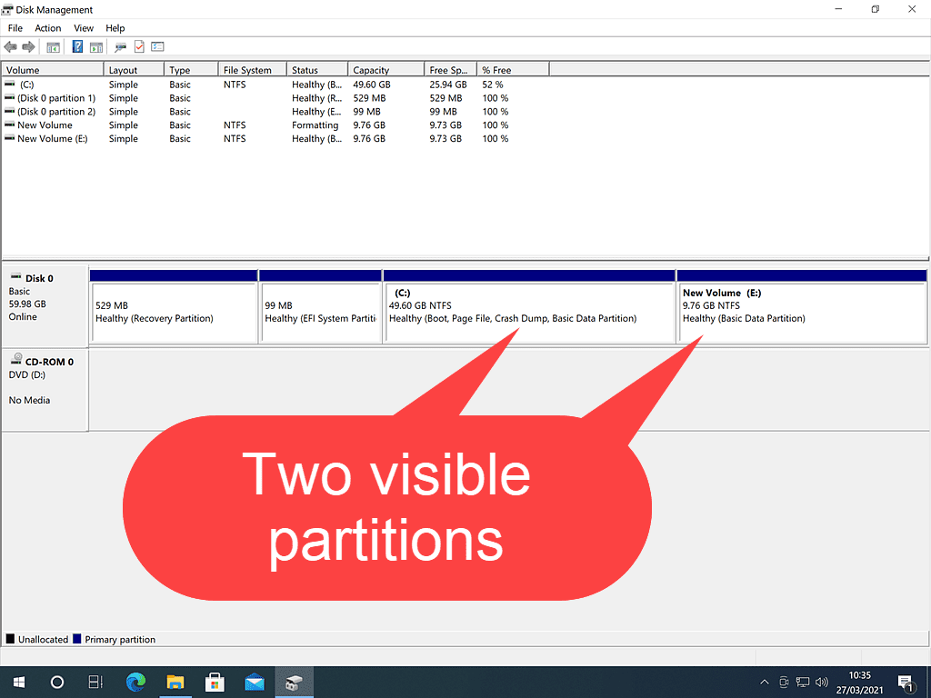 Callout points to 2 visible partitions.