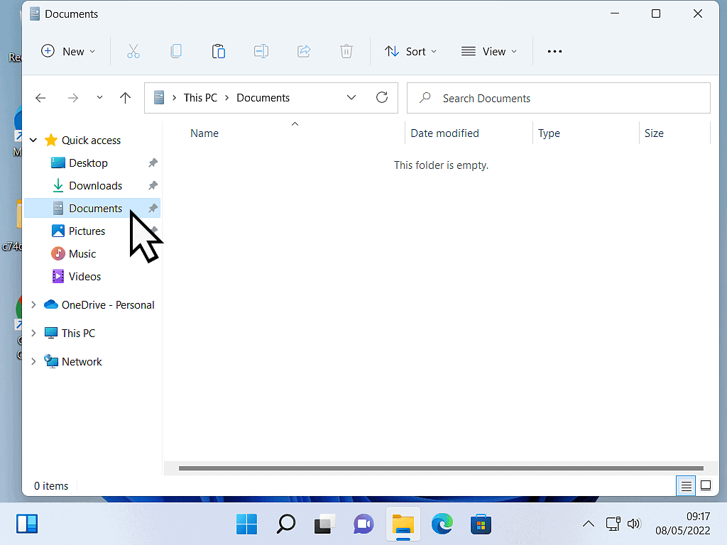 File Explorer open in Windows 11. The Documents folder is marked in the navigation panel.