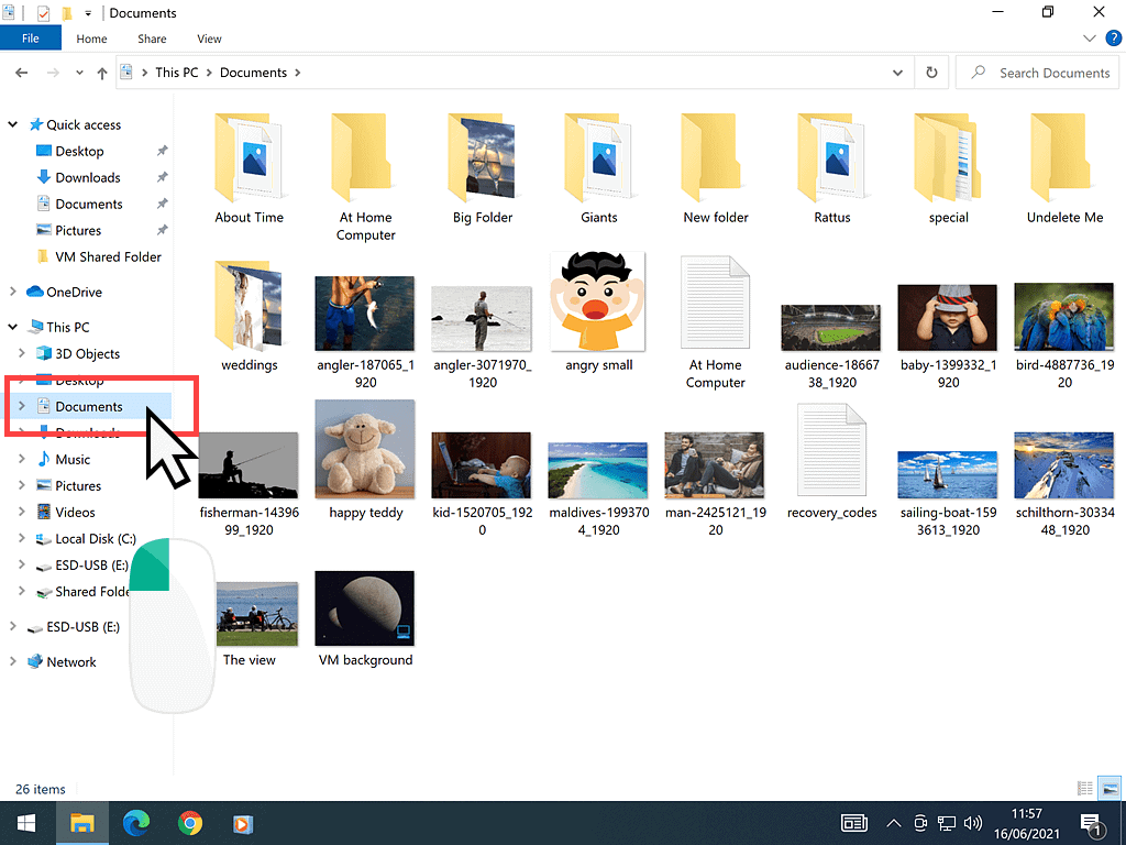 Windows 10 file explorer is open. Documents folder is highlighted