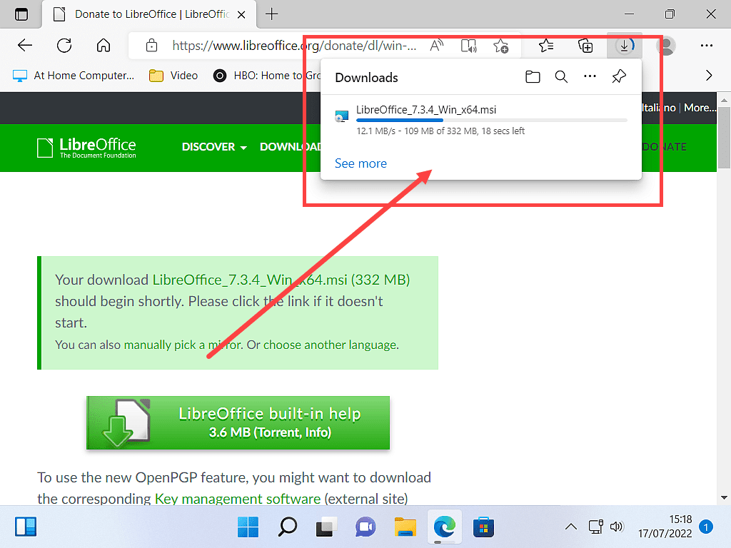 Download notification in Microsoft Edge is marked.