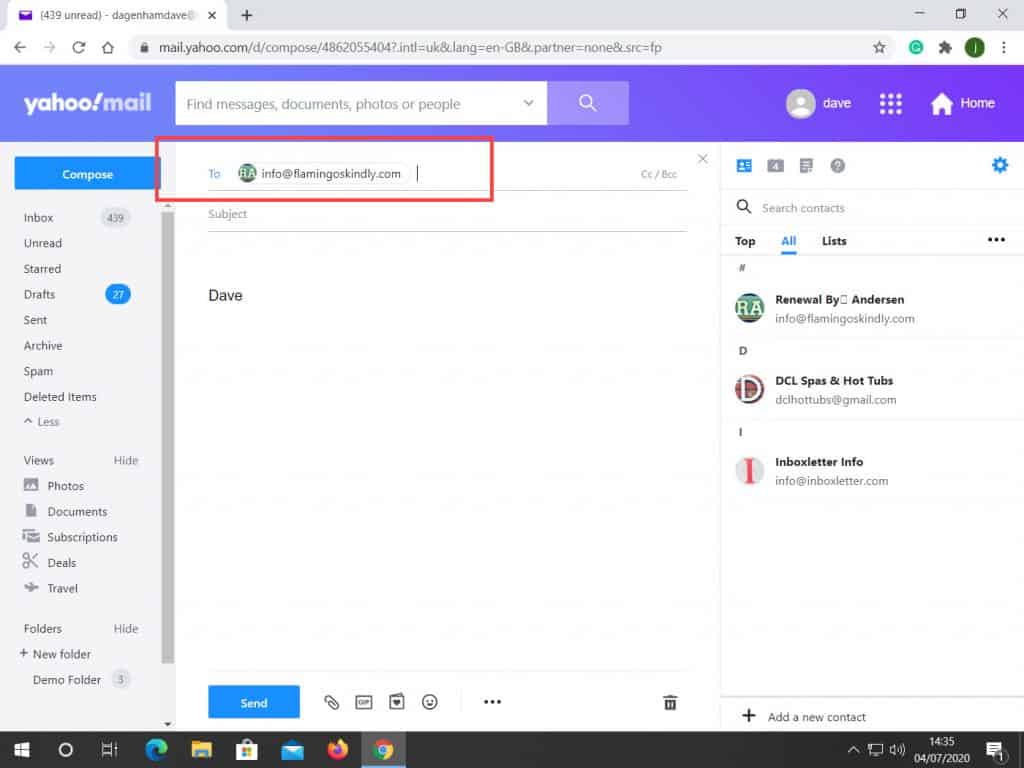New email message window open in Yahoo Mail. The address bar is highlighted.