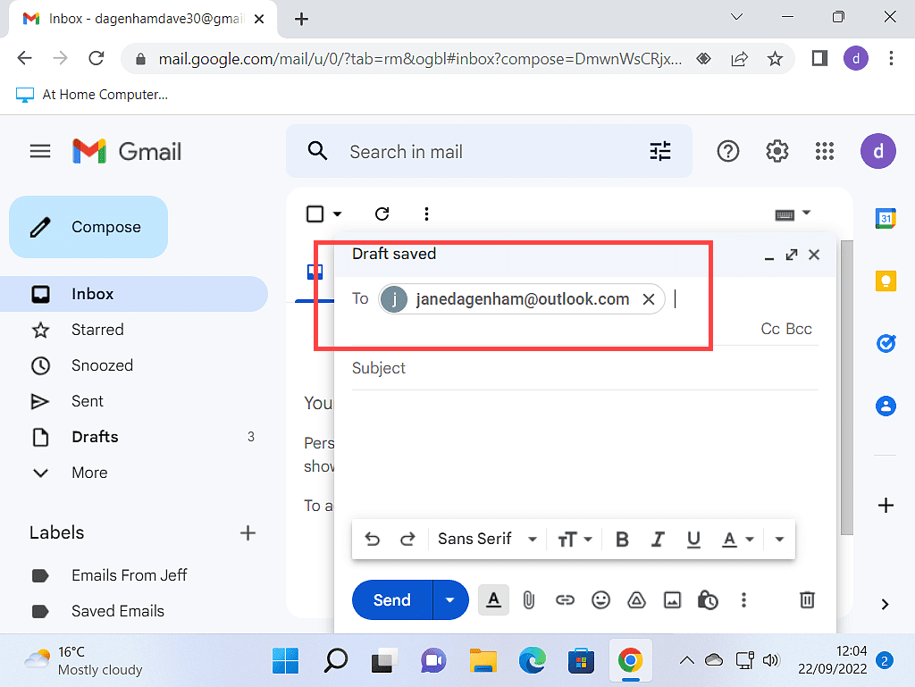 The email address is automatically loaded into the address line.