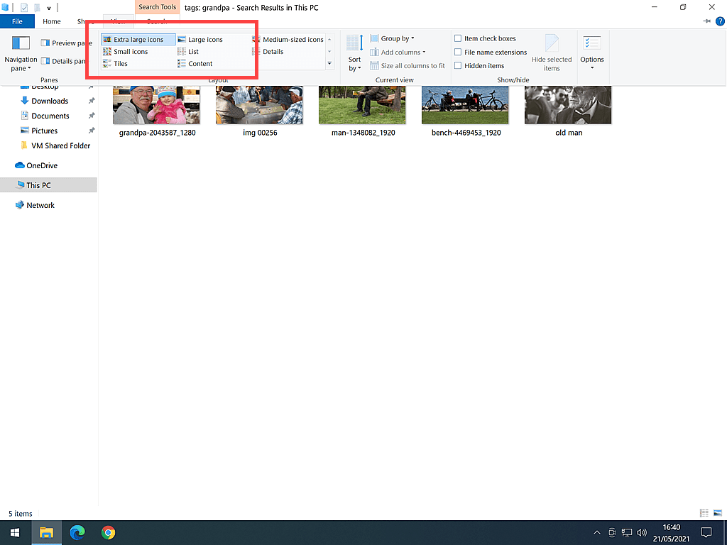 Extra Large Icons marked in the view pane of File Explorer.