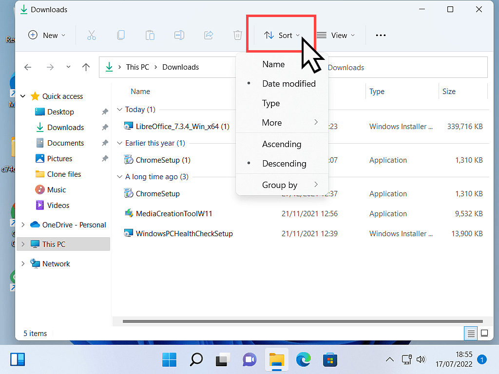 Downloads folder open. Sort By menu is indicated.