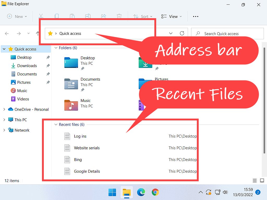 File Explorer is open. Address bar and recent files are marked.