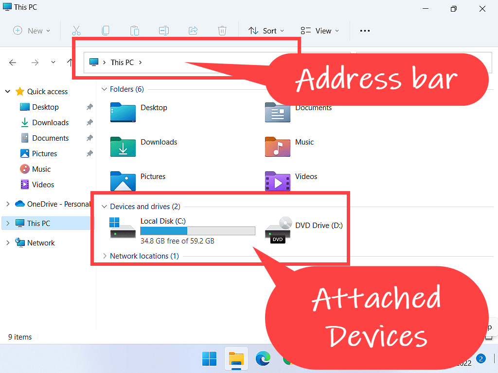 Windows File Explorer is open in This PC view. Address bar and Devices and Drives are marked.