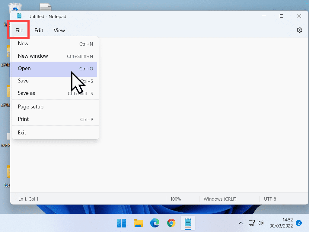 The File menu is open in Notepad and Open is highlighted