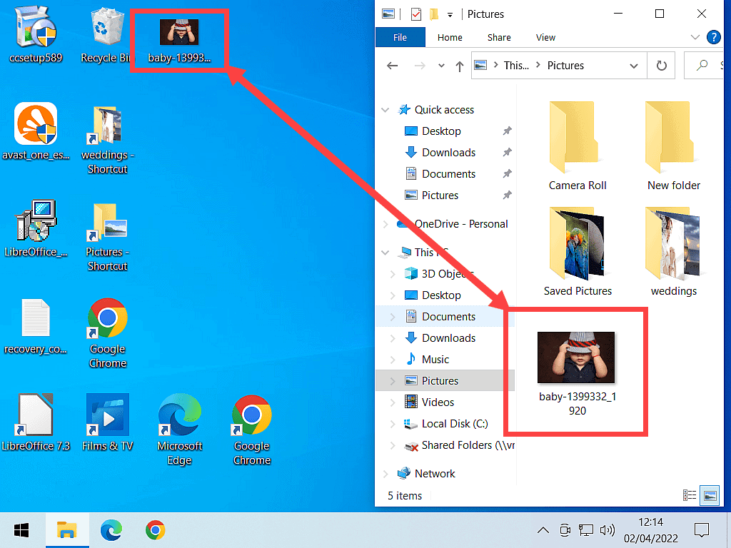 File is shown inside the Pictures folder and on Desktop in Windows 10