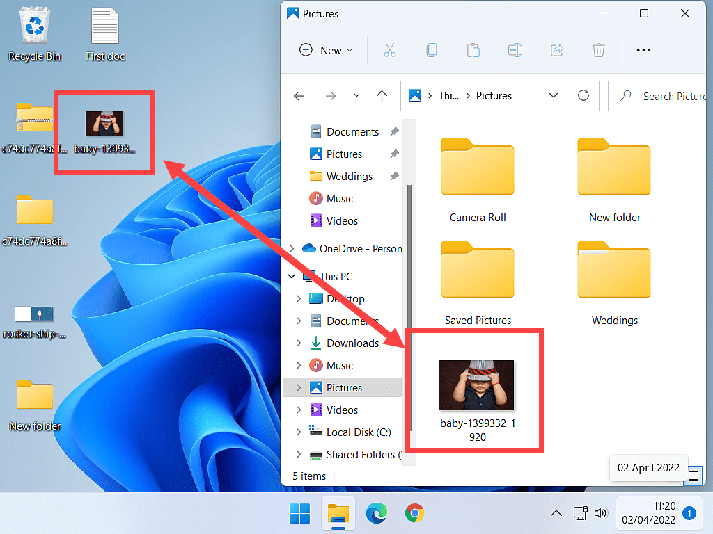 File is shown in the Pictures folder and on the Desktop in Windows 11