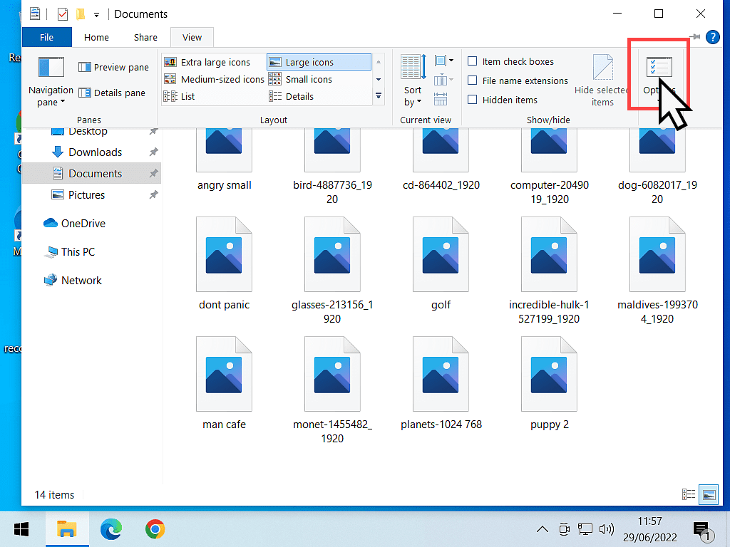 Folder Options button marked in Windows 10 explorer window.