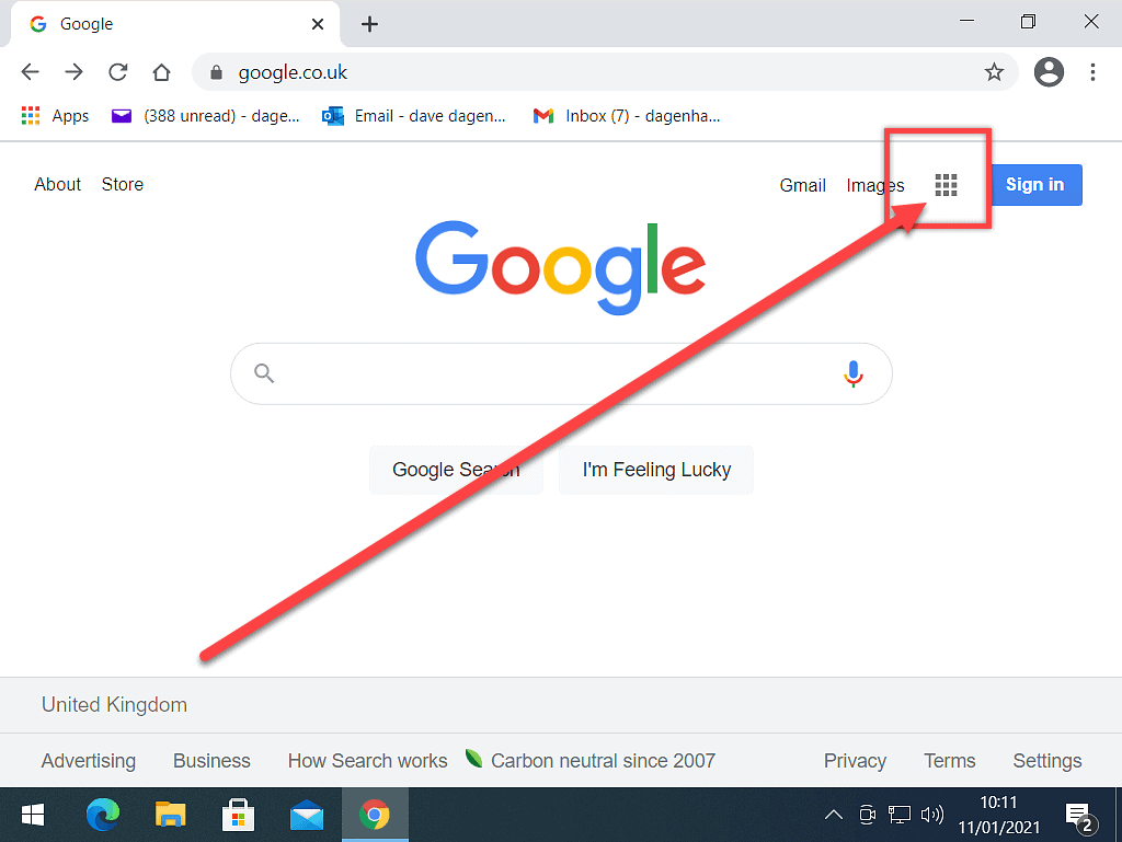 Google apps (9dots) indicated on Google Homepage.