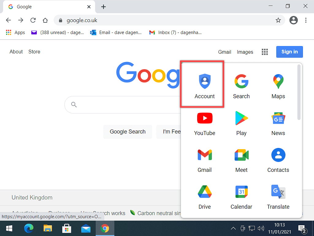 Account link indicated on Google apps menu.