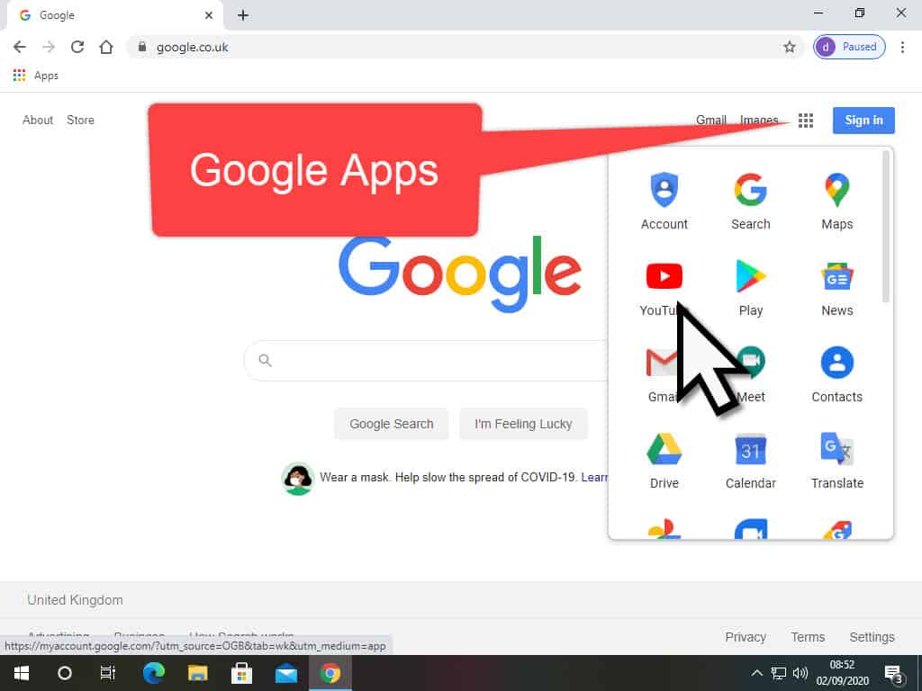 Callout indicates the Google Apps (9 dots) icon on homepage. Youtube is indicated on the apps menu.