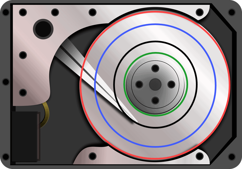 Hard Drive with lid removed. Disk has concentric circles to represent different partitions.