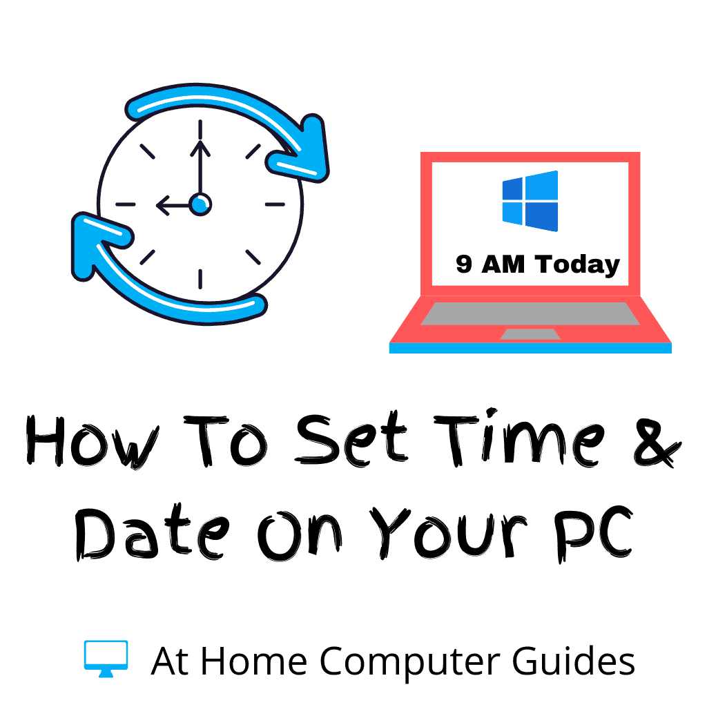 Analog clock next to laptop computer. Arrows point from clock to computer. Text "How to set correct time and date on PC"