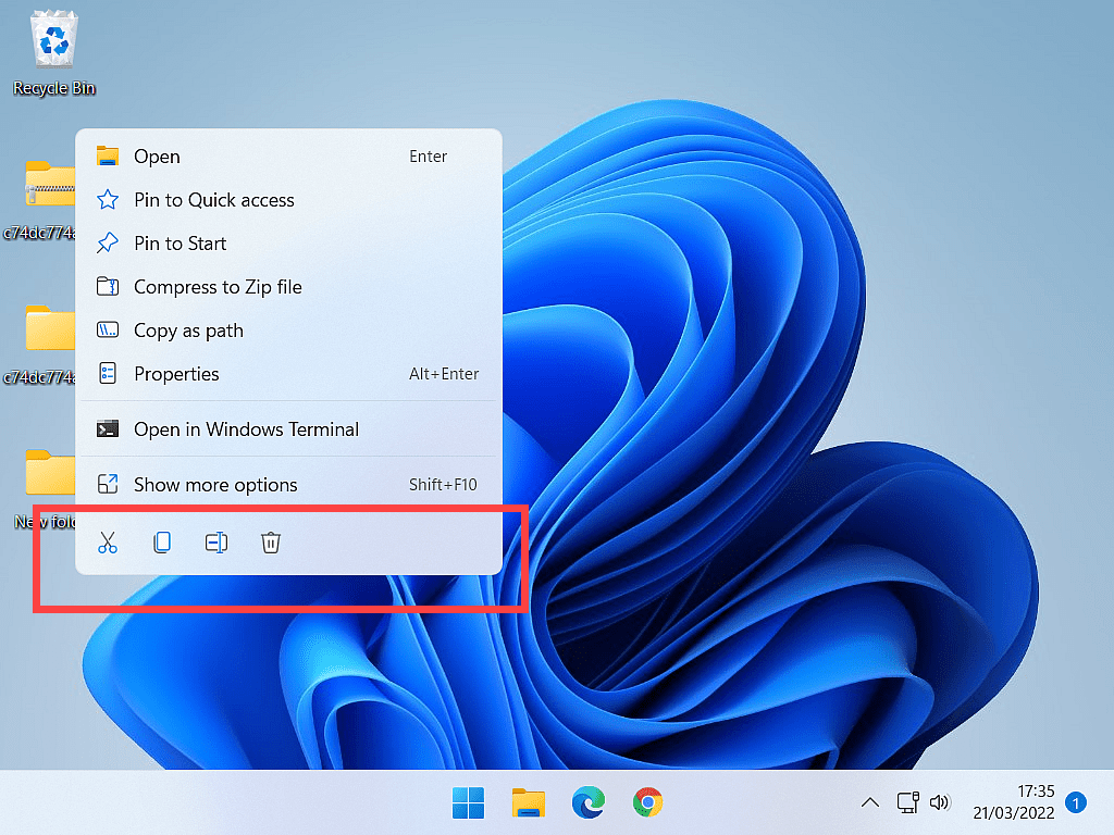 Icons panel shown at bottom of Options menu in Windows 11.