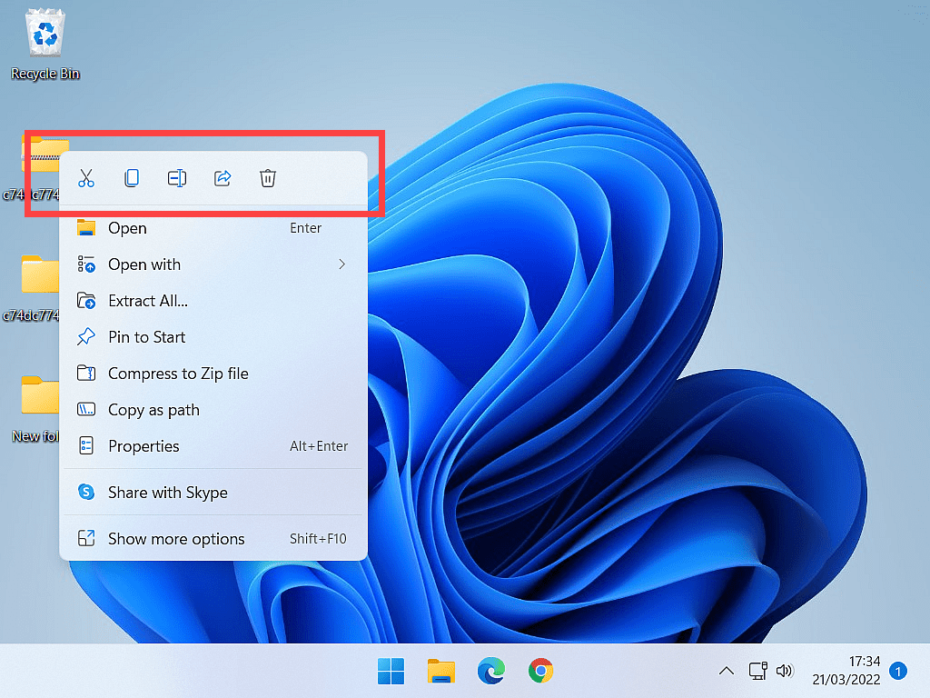 Icons panel indicated at top of options menu in Windows 11