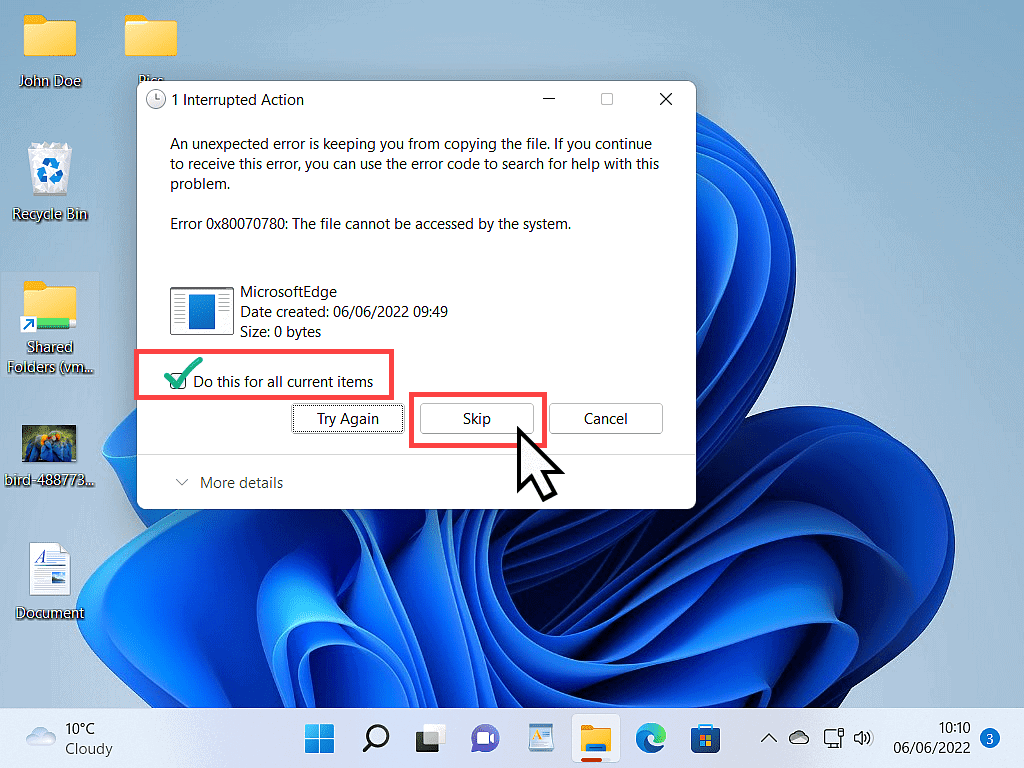 Windows 11 warning pop up. Skip button is indicated.