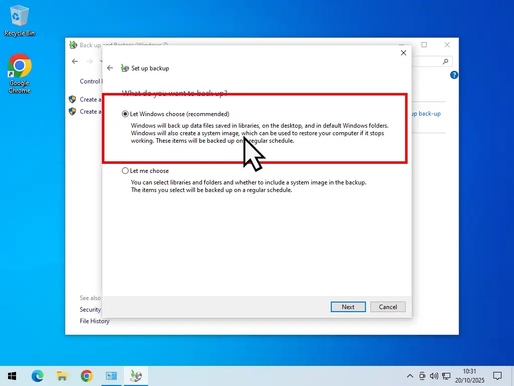 Let Windows 10 choose Let Windows 10 choose the backup options is selected.