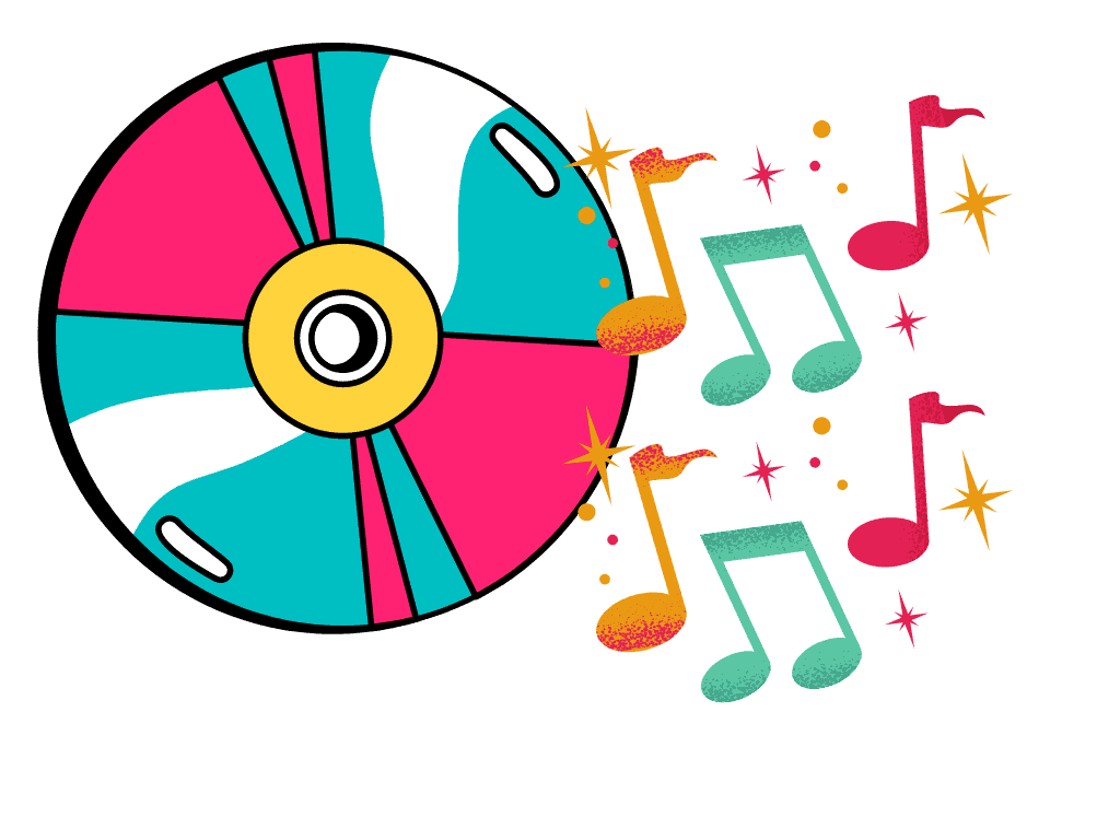 A colourful CD with musical notes drifting from it.