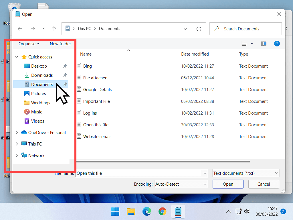 Documents folder is selected in Navigation panel