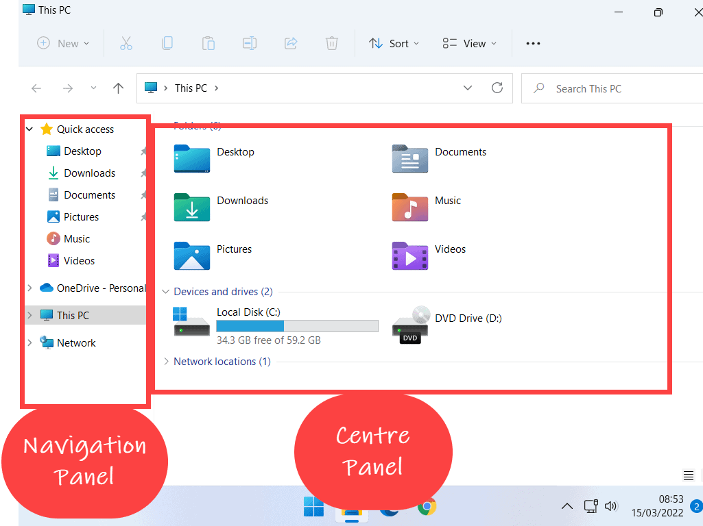 Windows File Explorer is open. Callouts highlight the Navigation panel and Centre or main panel