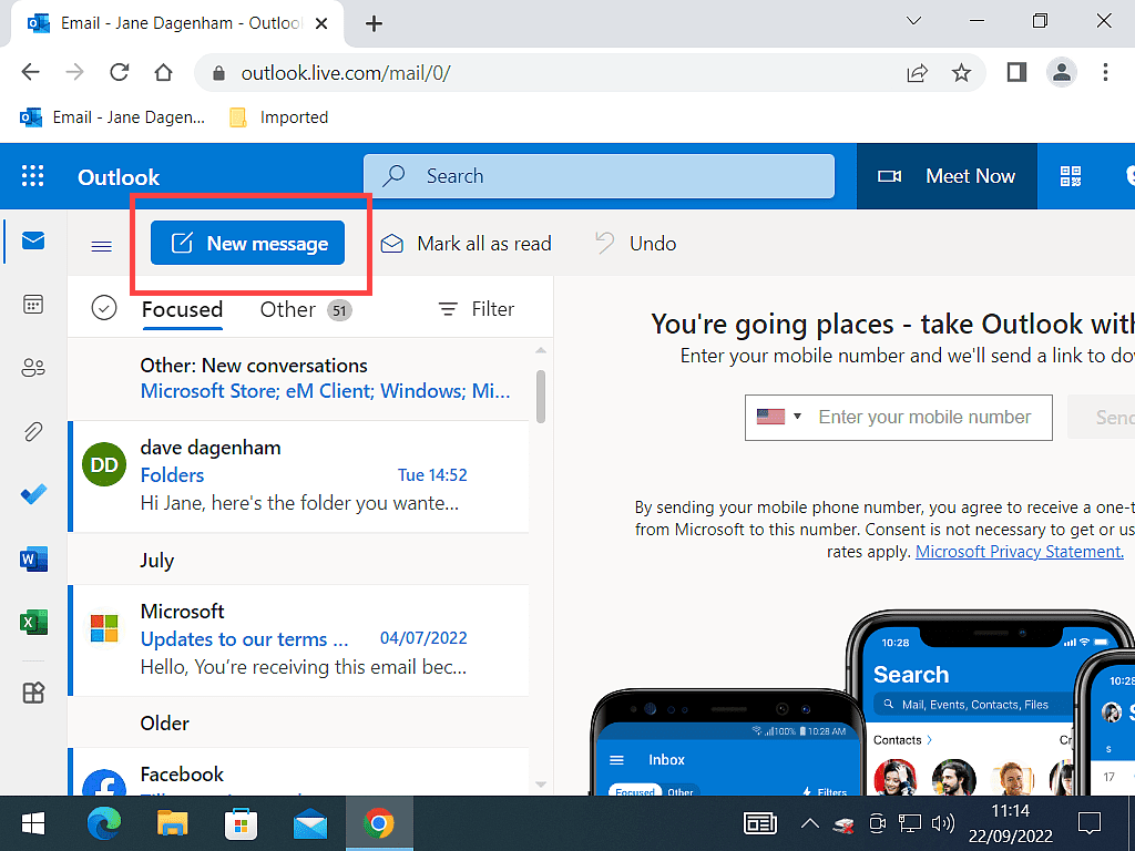 Outlook.com New Message button marked.