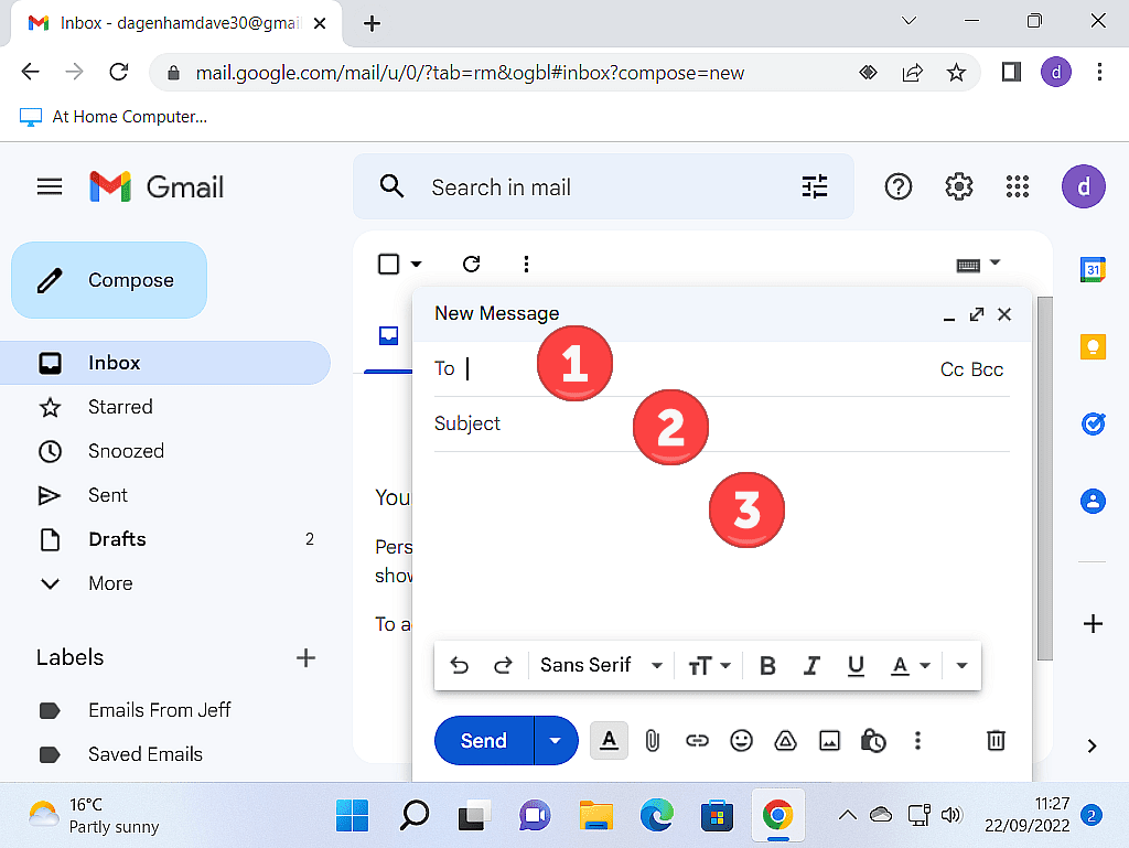 A new message window open in Gmail. Address line, Subject line and Body are labelled 1, 2 and 3.