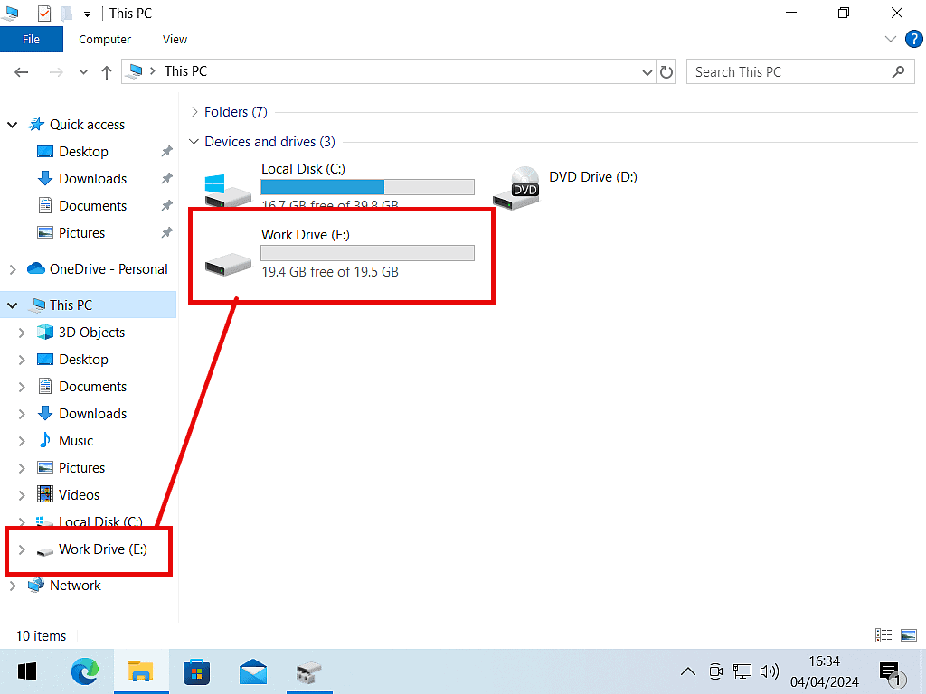 The new partition indicated as a new drive in Windows File Explorer.