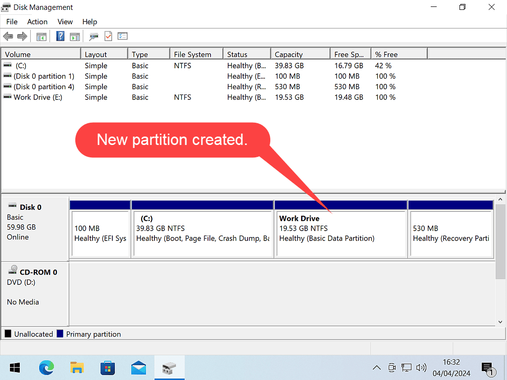 The new partition indicated by callout in Windows Disk Management.