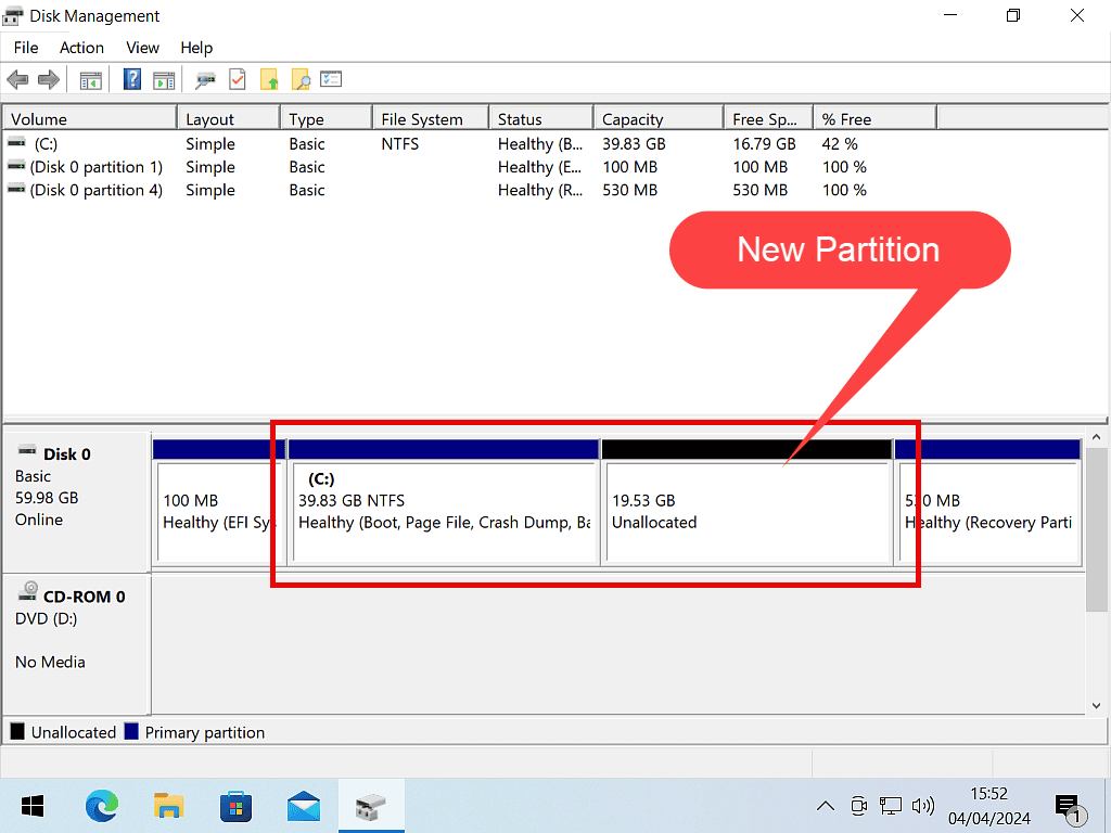 A new partition is marked by a callout. As yet it is unallocated.