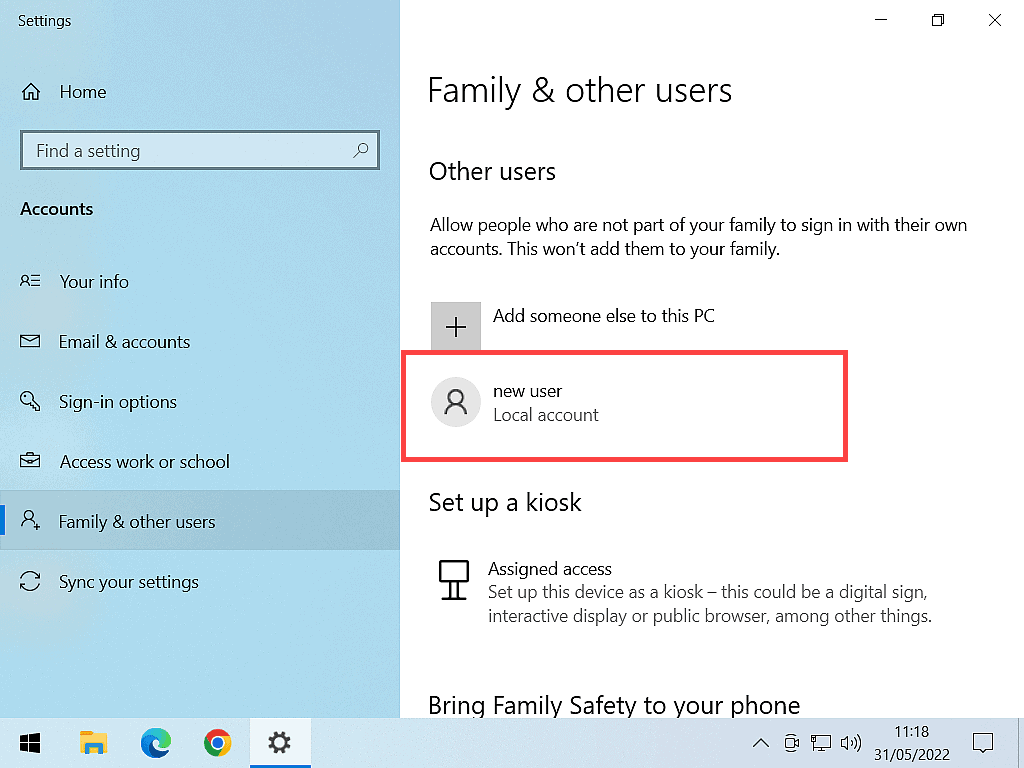 The new account is indicated in Windows 10