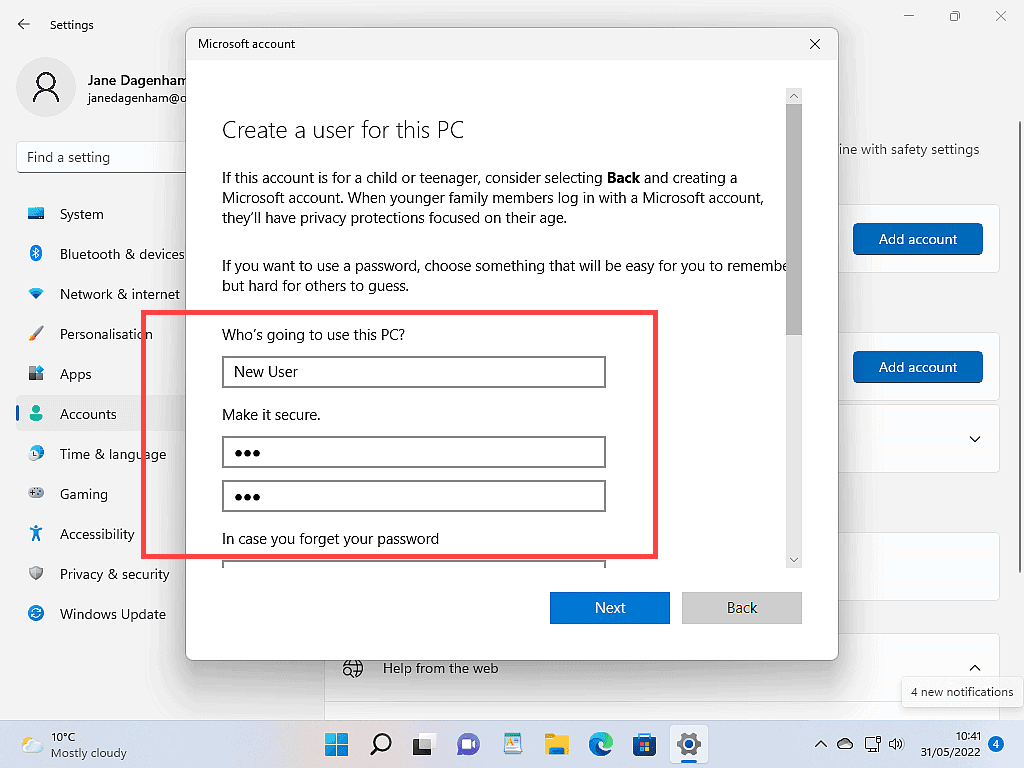 Username and password oxes indicated for creating a new user account in Windows 11.