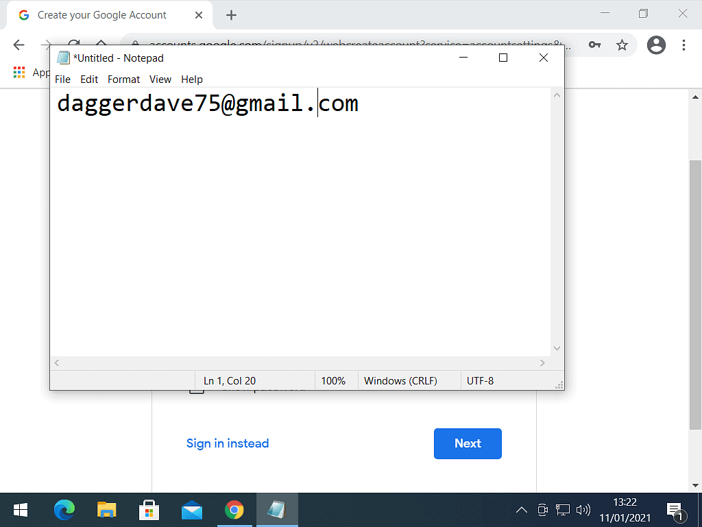 New Gmail address copied and paste into Notepad.