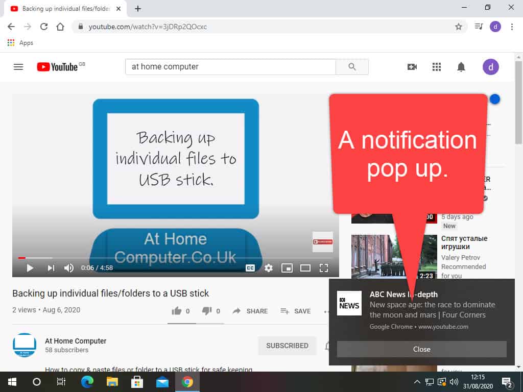 A Notification pop up on computer desktop is indicated.