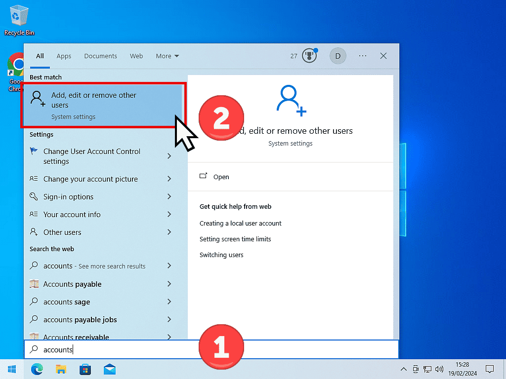 Searching for user accounts in Windows 10.