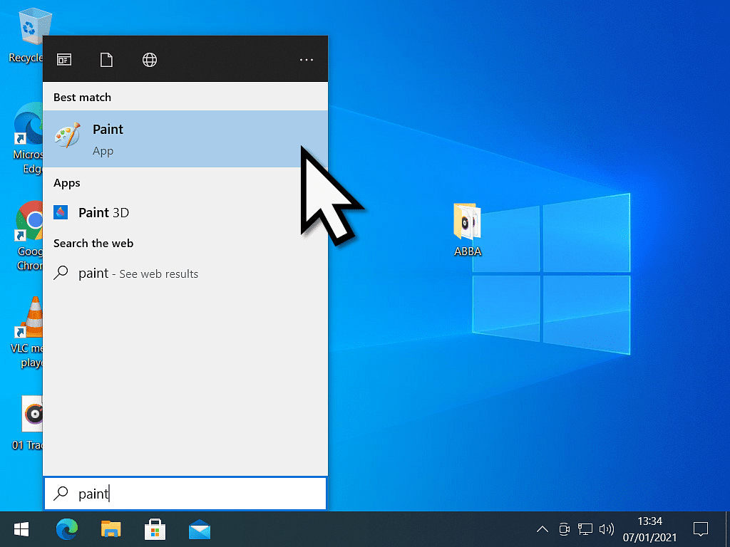 Windows 10 start menu open and Paint has been entered into the search box.