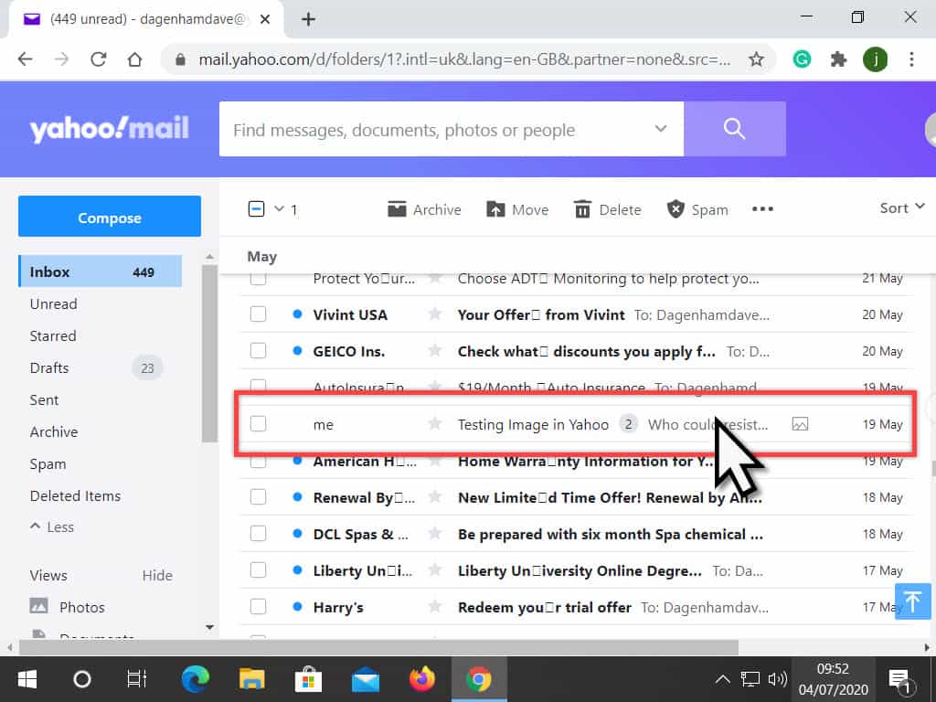 An email is being clicked on to open it in Yahoo Mail.