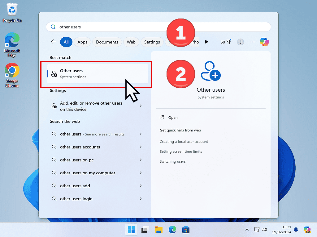 Searching for user accounts in Windows 11