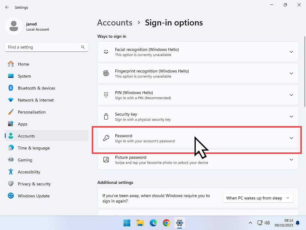 Sign-in options page in Windows 11.