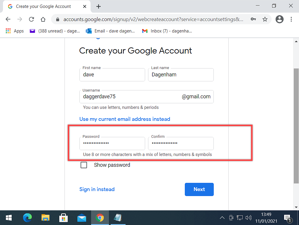 On the Google account page, a password has been entered into the Password box.