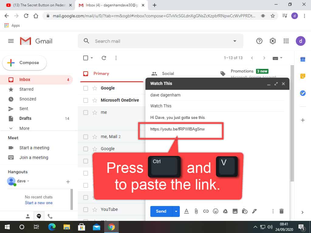 YouTube video link pasted into an email.