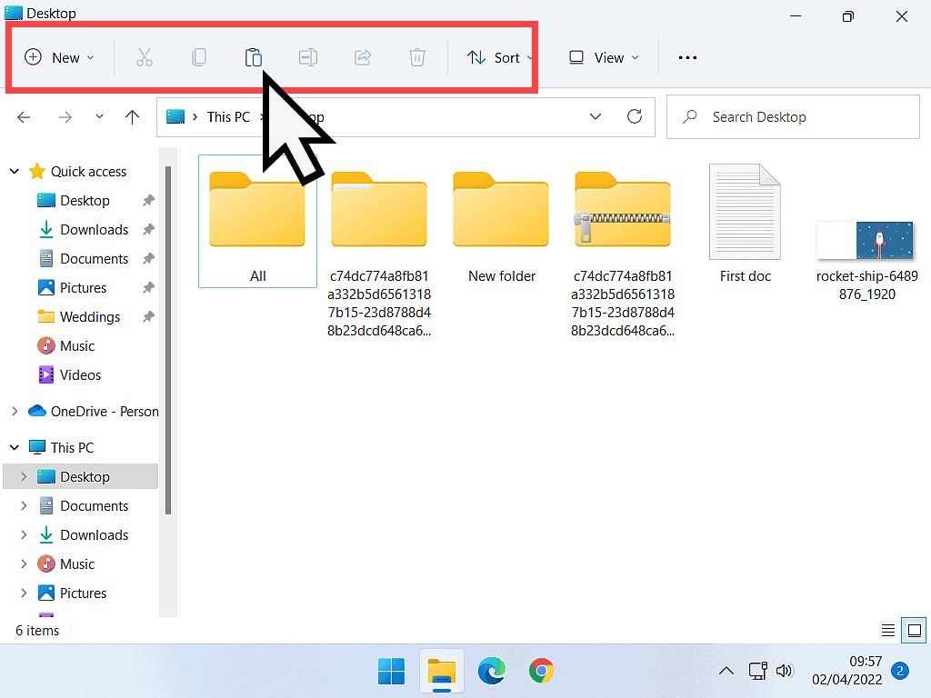 In Windows 11 the Paste button (icon) is highlighted
