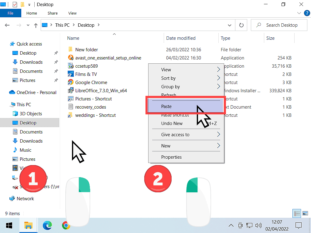 Paste is highlighted on the Windows 10 right click context menu
