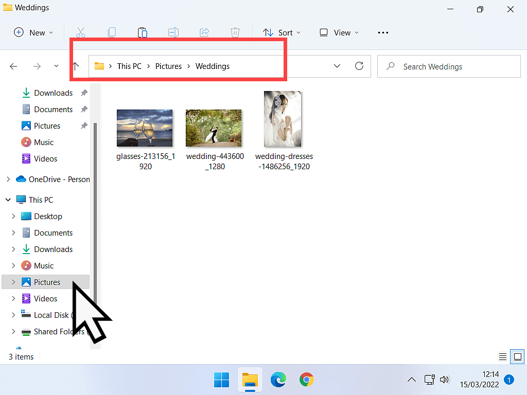 Pictures folder indicated in navigation pane and address bar marked