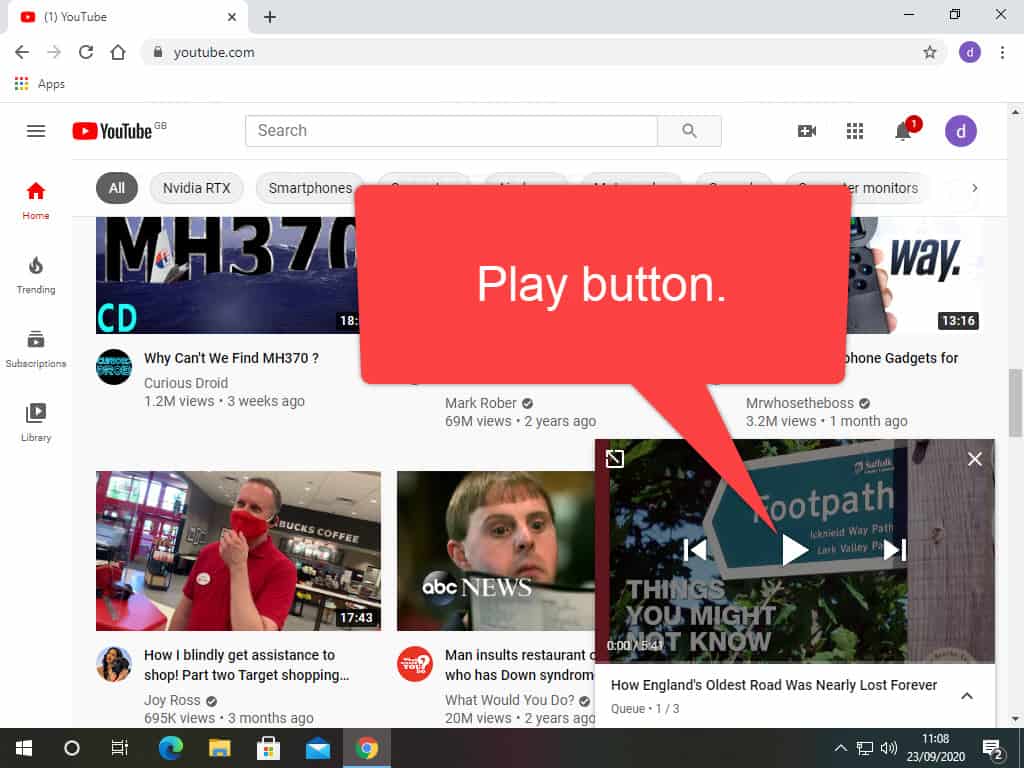 Play button on YouTube video player is highlighted.