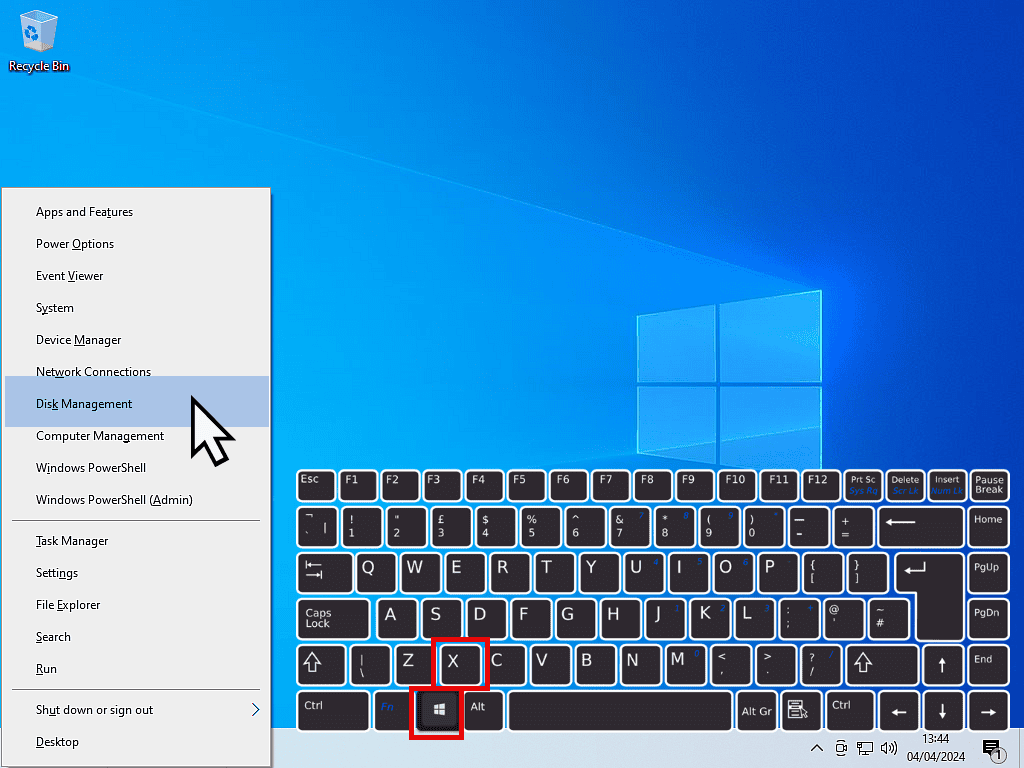 Keyboard with the Windows key and letter X marked. Also shown is Disk Management on the Windows menu.